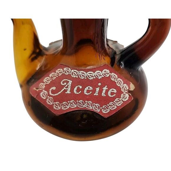 Vintage Aceite Miniature Amber Glass Pitcher Cork Stopper Gold Tone Chain Retro - Picture 6 of 10